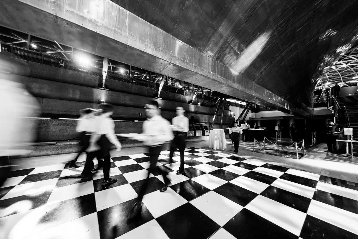 Modern ballroom venues in london with boardroom table and presentation screen